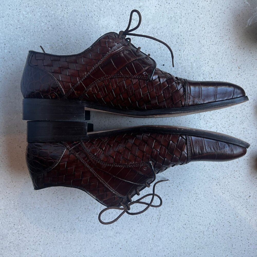Florsheim Mens Brown Leather Weave & Croc Embossed Dress Shoes Size 10 D - Picture 10 of 12